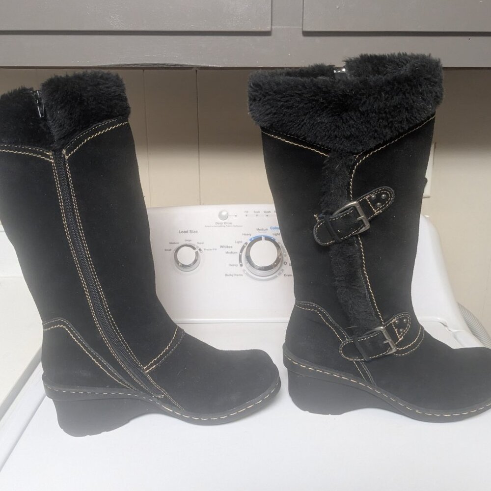 Black BareTrap Mid-Calf Wedge Boots with fur at top. Womens size 7.5